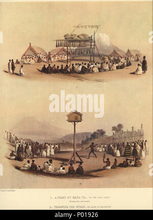 . Englisch: EIN FEST VON MATA-TA, AN DER OSTKÜSTE. Mt. Edgecumbe in der Ferne. Warf den Speer. Der Modus der Anrede. Eine Partei der Besucher anreisen. [Bild von Seite 85] PLATTE XXXVI. Ein Eingeborener FEST VON MATA-TA. MOUNT EDGECUMBE IN DER FERNE. Auf alle großartige Gelegenheiten, es ist üblich, mit dem Neuseeländer, Feste, von denen viele im großen Maßstab und für Tage und sogar Wochen gemeinsam weiter halten. In solchen Zeiten wie diesen, die benachbarten Stämme sind eingeladen, in der Allgemeinen fest zu verbinden, und der Krieg ist Tanz in Abständen während des Festes durchgeführt. Die Menge der Nahrung, ist Stockfoto