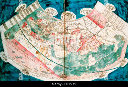 . Englisch: eine Karte der Welt, die sich aus dem Bologna-Prozess Ptolemäus, auf die Beschreibung von Claudius Ptolemaeus von Alexandria (Ptolemäus), die in den frühen zweiten Jahrhundert unserer Zeitrechnung lebte. Auf der Arabischen Halbinsel und dem Roten Meer liegen direkt links neben der Mitte. Beachten Sie, wie der Ostküste Afrikas Kurven ostwärts zu verbinden, ganz rechts, mit China, so dass der Indische Ozean ein Binnenmeer. 1477 Nachgedruckt: 2005. Claudius Ptolemaeus 3 eine Karte der Welt auf der Grundlage einer Beschreibung von Claudius Ptolemaeus von Alexandria Stockfoto