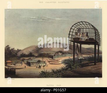 . Englisch: TAUPO PAH. [Bild von Seite 111] PLATTE XLVIII. TAUPO PAH, MEERENGE COOK'S. Eine WAHI TAPU IM VORDERGRUND. Diese Ansicht wird von der Anhöhe unmittelbar oberhalb des Rangihaeata Pah, eine Festung, die der, der seit dem Massaker von Wairau errichtet hat, auf die er im Falle eines Angriffs Rückzug können. Die Maori Dorf, der die Ufer der Bucht ist Taupo Pak genannt, und gehört zur Rauparaha, wird durch einen Teil des Nga-ti-toa Stamm bewohnt. Die Situation der Pah ist etwa eine Meile von Porirua, am nördlichen Ufer des Cook Straße. Auf einen Hügel des Berges, wie in der foreg vertreten Stockfoto