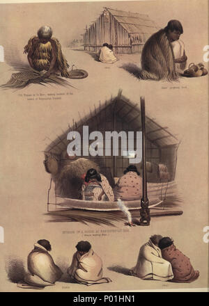 . Englisch: inländische Skizzen. [Bild von Seite 133] PLATTE LIX. Heimischen WIRTSCHAFT: Frauen, Matten, &c. 1. Eine Skizze an Kaitote, auf die Waikato, einem Kochen - Haus, mit ein paar alte Frauen, die die Zeremonie von ongi, oder Drücken der Nasen. 2. Eine alte Frau von Te Mutu, einen Korb der Blätter der tawara (Freycinetia Banksii). 3. Eine Magd, Kartoffeln vorbereiten, indem sie Schaben mit einem mussel Shell. Die Kartoffel bildet die wichtigsten Artikel von Nahrungsmitteln unter den Neuseeländer, und viel Zeit in der Pflege tätig. 4. Interieur eines Hauses an der Pak bei Poriru Rangihaeata Stockfoto