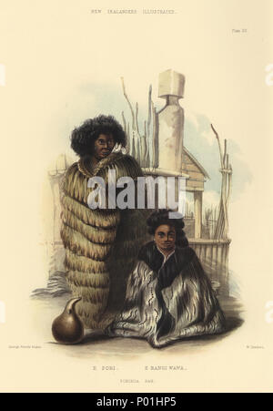 . Englisch: E PORI, E RANGI WAWA. PORIRUA PAH. [Bild von Seite 51] PLATTE XX. E PORI UND IHRE TOCHTER E RANGI WAWA. E PORI ist Frau eines Rangihaeta der Krieger; wird sie für ihr Geschick in der Kunst der Zauberei gefeiert und ist als Priesterin durch die umgebenden Menschen angesehen. Sie liegt an der kleinen Pak der Porirua, in der Nähe von Taupo Pah, am Ufer des Cook Straße. Ihr Kleid ist eine einfache kakahu, der Grob- und unvorbereitet Flachs; und in ihr Ohr ist ein Bündel die Federn des Albatros, getragen als Ornament. Die blauen Linien auf ihrem Gesicht, sind die äußeren Zeichen der Trauer für Ihre Freunde, Stockfoto