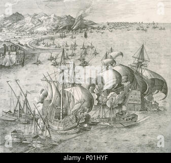 . Italiano: Battaglia navale nello Stretto di Messina, tecnica incisione ein bulino, mm 425x715 Englisch: Schlacht von Messina Straights, gravieren. ca. 1561. Frans Huys nach Pieter Brueghel der Ältere 9 Galeeren und carracks in der Schlacht Stockfoto