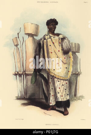 . Englisch: HONGI HONGI. [Bild von Seite 33] PLATTE XI. HONGI HONGI. Die PAK-Belastung der Ngahuruhuru, etwa vier Meilen von Otawhao, in der waipa Bezirk, ist ein Teil des Nga ti hinetu Stamm bewohnt; einer Ihrer wichtigsten Männer ist der Krieger Hongi Hongi, oder Nga Toki, dessen Portrait auf der beiliegenden Platte gegeben ist. Bei der Entnahme von Taranaki, Hongi Hongi erfasst 60 Sklaven, und trieb sie vor ihm mit seiner grün-stein Meri, wie eine Herde Schafe, über Berge und durch Wälder, über eine Strecke von 180 Meilen. Hongi Hongi ist ein Mann, der die meisten d Stockfoto