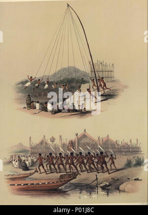 . Englisch: I. NATIVE schwingen. Ii. Krieg Tanz, BEVOR DER PAH von ROTURUA OINEMUTU in der Nähe von See. [Bild von Seite 121] PLATTE LIII. MAORI [MOARI] oder NATIVE schwingen. Ein beliebtes Vergnügen unter den Eingeborenen der Innenraum ist das Schwingen, bestehend aus einer Reihe von Flachs - Schnüre von der Spitze einer Stange, die in der Regel in der Masse auf der abfallenden Seite der Bank fest angelegt ist: die Eingeborenen, beim Schwingen, nehmen Sie das Netzkabel, und die Bank, Streik, in die Luft und wieder zurück schwingen, die der Bank; sie gelegentlich laufen Runde im Kreis, wie in der Gymnastik pole Europas. Diese Unterhaltung ist selten Stockfoto