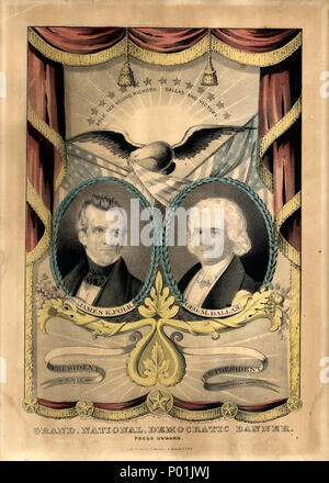 . Eine von mehreren Kampagnenbanner Nathaniel Currier ist bekannt für die Demokraten im Jahr 1844 produziert zu haben. Es verfügt über Zwei Lorbeer - Wreathed, ovalen Porträts von demokratischen Präsidentschafts- und vice-Präsidentschaftskandidaten James K. Polk (links) und George M. Dallas (rechts). Die Drucken imitiert die hängende Vorhänge und Quasten Stoff Banner, anstrebt, "trompe-l'oeil-Effekt. In der Mitte, oben die Porträts, scheinen, einen Adler und mehrere amerikanische Flaggen. Unten sind die Porträts Akanthus cornucopias ähnlich denen, die in der "Grand National Whig Preis Banner Abzeichen" (Nr. 1844-9). Der Slogan der Kampagne "Polk, Stockfoto