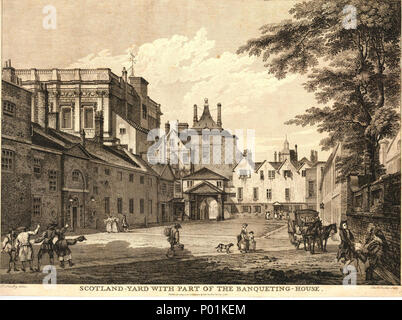 . Englisch: Eine Ansicht von Scotland Yard mit einem Teil der Bankett- Haus, von ix Views Edward Rooker's von London". Scotland Yard mit einem Teil der Bankett- Haus. 31 Dezember 1766 21 Scotland Yard mit einem Teil der Bankett- Haus, von Edward Rooker nach Paul Schränke, 1766-BM 1881,0611.310 Stockfoto