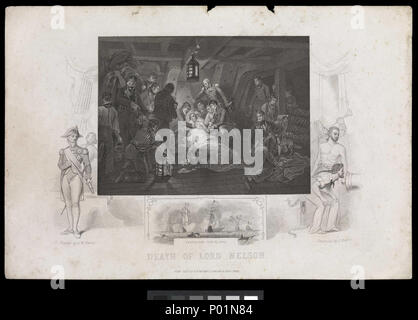 . Englisch: 'Tod des Lord Nelson, Trafalgar Octr 21 1805' einen Druck nach der Malerei 1807, "Der Tod von Nelson, 21. Oktober 1805' durch, die von Devis, BHC 2894, zwar nicht das Original, das von William Bromley eingraviert war und im Jahr 1812 veröffentlicht. Das zentrale Bild zeigt die Szene im Cockpit auf der "Sieg" während der Schlacht von Trafalgar, als Nelson im Sterben lag. Nelson sich in voller Länge von links, von einem Blatt abgedeckt, nur mit dem Kopf, linke Schulter und Arm sichtbar, und seine Uniform Mantel zu seinen Füßen verworfen. In der Mitte an der Rückseite der Sieg 'Captain, Sir Thomas Masterman Hardy, st Stockfoto