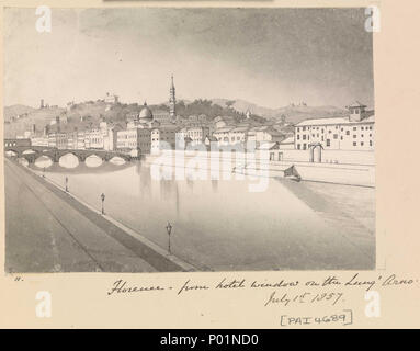 . Englisch: 'Florenz von hotel Fenster auf der Lunge' Arno, 1. Juli 1857' [Italien] Nr. 17 in Fanshawes Ostsee und später Album, 1843-83. Vom Künstler auf dem Album Seite unter dem Bild wiederzugeben, als Titel. Die fünfte in einer Reihe von Zeichnungen von Lord Lyons Mittelmeerflotte Sommer Kreuzfahrt, aus Malta und zurück, zwischen 3. Juni und dem 7. November 1857. Es scheint, die Ponte Vecchio in der extremen Linken Abstand zu gehören, was darauf hindeutet, dass es von der nördlichen Seite des Flusses Arno Blick nach Süden, nach Osten in Richtung der Boboli Gärten. Fanshawe, Kommandeur der 'Hauptmann', schrieb hat Vater von aus Le Stockfoto