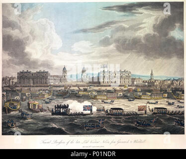 . Deutsch: "Trauerzug der späten Lord Viscount Nelson, von Greenwich an Whitehall am 8 Januar, 1806' einen Panoramablick auf die Nelson Trauerzug. Nelson's Beerdigung barge können im Vordergrund auf der Themse gesehen werden als sein Sarg bis zu der Admiralität gerudert wurde von Greenwich auf Royal barge Charles II., begleitet von über 60 Boote, darunter eine Vielzahl von Admiralty und Stadt livery Lastkähne. Im zentralen Vordergrund, eine Barge fliegen die Red Ensign Brände ein Gruß. Boote des ea Fencibles', ein Korps von Naval behält sich vor, Leitung der Route. Greenwich Hospital ist deutlich sichtbar Stockfoto