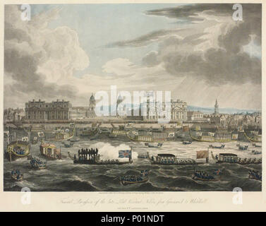 . Deutsch: "Trauerzug der späten Lord Viscount Nelson, von Greenwich an Whitehall am 8 Januar, 1806' einen Panoramablick auf die Nelson Trauerzug. Nelson's Beerdigung barge können im Vordergrund auf der Themse gesehen werden als sein Sarg bis zu der Admiralität gerudert wurde von Greenwich auf Royal barge Charles II., begleitet von über 60 Boote, darunter eine Vielzahl von Admiralty und Stadt livery Lastkähne. Im zentralen Vordergrund, eine Barge fliegen die Red Ensign Brände ein Gruß. Boote des ea Fencibles', ein Korps von Naval behält sich vor, Leitung der Route. Greenwich Hospital ist deutlich sichtbar Stockfoto