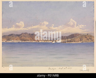 . Englisch: "Malaga, Augt 14 1857' [Spanien] Nr. 20 in Fanshawes Ostsee und später Album, 1843-83. Vom Künstler auf dem Album Seite unter dem Bild wiederzugeben, als Titel. Die siebte in einer Reihe von Zeichnungen der Mittelmeerflotte Sommer Kreuzfahrt, aus Malta und zurück, zwischen 3. Juni und dem 7. November 1857. Malaga ist die erste große Küstenstadt östlich von Gibraltar entlang der südlichen Küsten Spaniens. Fanshawes leicht lange Ufer Blick von der Bucht zeigt die Kathedrale und den Hafen Eingang. So ging er zu seinem Vater am 22. Juli von Toulon geschrieben hatte: "am Freitag fahren wir für Malaga, berühren, glaube ich, an der Bar Stockfoto
