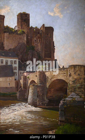 . English: runkel an der Lahn, Blick auf die Brücke und Burgruine. Öl auf Pappe, 65 x 44,5 cm, datiert und betitelt "Runkel 10/8...". ca. 1892 38 Fritz von Wille0316 Stockfoto