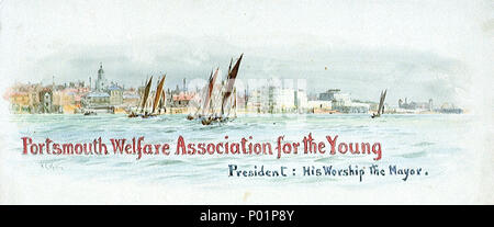 . Deutsch: "Portsmouth Welfare Association für die Jungen/Präsident: Seine Verehrung der Bürgermeister" (letter-Design), die vom Künstler signiert, unten links ein Brief Design und zeigen eine Ansicht von Portsmouth mit Thomaskirche (jetzt Portsmouth Kathedrale), der Runde Turm, Sally Port, salutierte Batterie und Southsea Castle ganz rechts. Das Tower House, wyllie's Home von 1907 ist hinter dem Paar Boote in der Mitte, auf der linken Seite der Runde Turm. . Nach 1906. William Lionel Wyllie (1851 - 1931) Alternative Namen W. L. Wyllie Beschreibung britische Maler Geburtsdatum / Tod vom 5. Juli 1851 6. April 1. Stockfoto