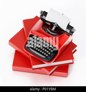 Schreibmaschine und Bücher auf weißem Hintergrund. 3D-Darstellung. Stockfoto