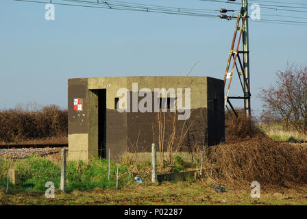 Abwehrkanonen aus Kriegszeiten am Rande des London Southend Airport, ehemals Royal Air Force, RAF Rochford und der Eisenbahnlinie Stockfoto