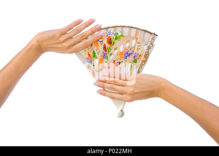Schöne Ventilator in der Frau die Hand auf weißem Hintergrund Stockfoto