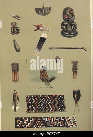 . Englisch: NATIVE Ornamente, &c. [Bild von Seite 91] PLATTE XXXIX. Neuseeland Ornamente und Verzierungen. 1. Ein Ornament im Ohr getragen, gebildet aus poonamu oder grüne Jade; ein Stein, ist sehr stark von den Einheimischen geschätzt, und aus dem Süden der Insel. 2. Ein mako oder Zahn, Schmiedeeisen aus Zona pellucida Jade, in Nachahmung der Mako taniwa, oder Zahn des tiger-Shark; das ist eine Dekoration, aber selten mit erfüllt werden, und ist sehr beliebt. 3. Eine kleine Tiki oder Erben - Webstuhl, auch aus grüner Jade, und um den Hals getragen von beiden Geschlechtern; der Tiki in der Regel vom Vater auf den Sohn, und wenn es so vergangen Fro Stockfoto