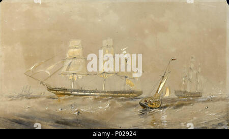 . Deutsch: "Agamemnon" am Meer, einen Cutter in den Vordergrund Aquarell mit dem Titel "Agamemnon am Meer, einen Cutter in den Vordergrund". Der Cutter kann ein Pilot und auf der rechten Seite ein zweites Schiff im stern Anzeigen des Post-1843 Green Company house flag fliegen werden. Die "Agamemnon" wird vermutet, dass das Schiff von ca. 1700 Tonnen gebaut von Grün in Blackwall 1855 für ihre London nach Australien ausgeführt werden, siehe PAH9322. Hier ist sie fliegen Ihr Code Nummer aber kein Haus Flagge. Die Zeichnung ist mit weißer Farbe der Karosserie erhöht. "Agamemnon" am Meer, einen Cutter in den Vordergrund. Nach 1855. Sir Oswald Walter Brierly 2'Ag Stockfoto