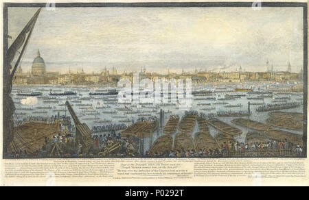 . Deutsch: "Eine genaue Ansicht... von London und Westminster... Am Mittwoch, den 8. Januar 1806 .... Wenn die Überreste der Großen Admiral Lord Nelson wurden von Greenwich zu Whitehall' Hand gefärbt.; Text in englischer Sprache unten Bild. Box Titel: Nelson 1. Beerdigung, 2. Beerdigung 3. Statuen und Denkmäler. Der vielen populären Darstellungen der Veranstaltung dieses unterstreicht die große Zahl von Menschen, die das Ufer der Themse drängten. Nelson's Sarg ist in der dritten Lastkahn von der linken durchgeführt, die von verschiedenen Lastkähne der Stadt livery Unternehmen folgten. Darüber hinaus, die Skyline von London erstreckt sich zwischen St Paul's Stockfoto