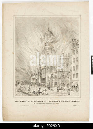 . Deutsch: "Die furchtbare Zerstörung der Royal Exchange London durch Feuer in der Nacht auf den 10. Januar 1838 'The Royal Exchange in Threadneedle Street in der Stadt von Thomas Gresham 1599 als Treffpunkt für Händler in ganz Europa gegründet wurde. Es war gedacht als Konkurrenz zu einem gleichwertigen Treffpunkt in Antwerpen die Börse genannt. Es wurde der Royal Exchange 1571 Unter Elizabeth I. den Austausch hatte einmal zerstört worden, bevor sie durch Feuer im Jahre 1666 Brand von London und wieder aufgebaut von Stadt Surveyor Edward Jerman. In diesem zweiten Brand von 1838 wurden die Gebäude wieder zerstört, wenn ein fir Stockfoto