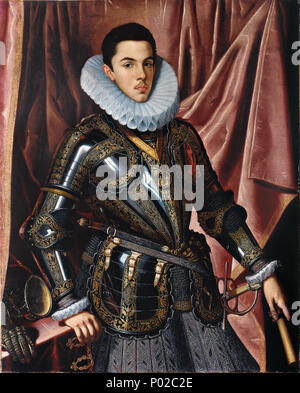 . Español: Retrato del Príncipe Felipe Manuel de Saboya (1586-1605), Que fue El hijo primogénito de Carlos Manuel I de Saboya, Duque de Saboya, y de la infanta Catalina Micaela de Austria, hija del rey Felipe II de España. . Felipe Manuel de Saboya. Ca. 1604 16 Juan Pantoja de la Cruz - Portrait von Prinz Philip Emanuel von Savoyen - Google Kunst Projekt Stockfoto