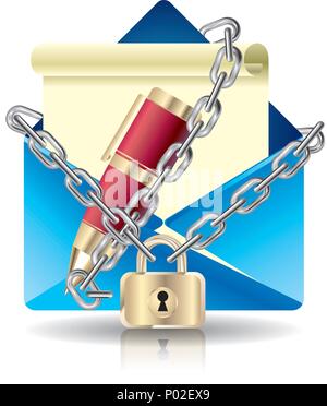 E-Mail und Stift von einer Kette gesperrt. auf weißem Hintergrund. Stock Vektor