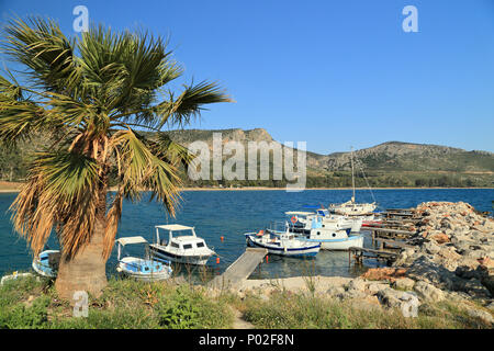 Fischerboote am Strand von Karathona, Nafplio, Griechenland Stockfoto