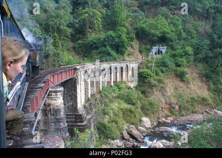 Dame Suchen aus der Dampfzug auf der Brücke, Tamil Nadu, Indien Stockfoto