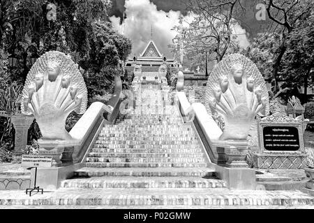 Tempel von Wat Phnom, Phnom Penh, Kambodscha, Treppen, Treppe, Löwen, Hände, Finger, blauer Himmel, flauschige Wolken cumulus, Bäume, Khmer Stockfoto