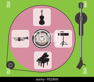 Eingestellt von Plattenspieler und Musikinstrumente. Flache Vektor Stock Vektor