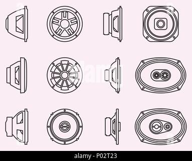 Auto Audio Symbole gesetzt. Lautsprecher. Dünne Linie Vektor Stock Vektor
