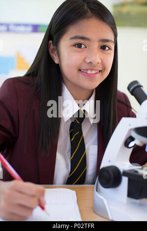 Portrait von Studentin in Uniform mit Mikroskop in Wissenschaft Kategorie Stockfoto