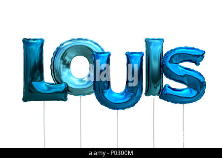 Name Louis aus blauem Aufblasbare Ballone auf weißem Hintergrund Stockfoto
