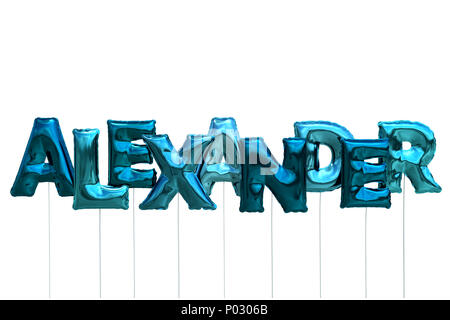 Name Alexander aus blauem Aufblasbare Ballone auf weißem Hintergrund Stockfoto