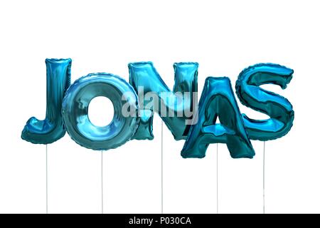 Name Jonas aus blauem Aufblasbare Ballone auf weißem Hintergrund Stockfoto