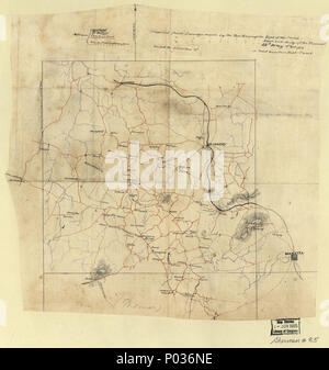 . Englisch: Zeigt die Standorte der Hauptsitz der Abteilung der Cumberland am 19. und 24. Juni. Entlastung durch hachures. Titel und Datum von stephensons Bürgerkrieg Karten, 1989. Feder und Tinte, blaue Tinte und rote Tinte auf tracing Tuch. LC Bürgerkrieg Karten (2. ed.), S 85, 188 auch durch die Bibliothek des Kongresses Website als Rasterbild. Enthält Namen von wählen Sie Grundbesitzer. In Bleistift unten in Klammern: Thomas. Unvollkommen: Falten - gefüttert. Auf dem Papier montiert. . [ Karte der nordwestliche Teil der Cobb County, Georgia, die Union funktioniert in der Nähe von Kenesaw [sic] Berg, Juni 1864]. Stockfoto