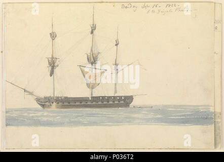 . Englisch: (Recto) HMS Fregatte "Phaeton", 1822; (Verso) HMS 'Aktiv' Nr. 27 73 (PAI0889-PAI 0961) (Recto) Zeichnung in der oberen rechten 'Montag Sep 16 - 1822 - / S.M. Fregatte Phaeton - "insribed, mit ein undeutlicher Inschrift im oberen linken. HMS "Phaeton", 38-Gewehre, war in Liverpool am 12. Juni 1782 gestartet. (Verso) Gibt es ein Aquarell der Rumpf eines Fregatte auf der Rückseite, die über eine Doppelseite erstreckt. Es wird weitgehend in Schetky's Handschrift versehen, und durch eine andere Hand oder Hände. Es ist vom 23. September 1822 sowie vom 26. September und die Fregatte ist als HMS identifiziert Stockfoto