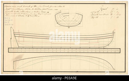 . Englisch: 26 ft Yawl Maßstab: 1:24. Die Körper planen, transparente Linien mit Innenbordmotoren detail, Längs- und halbe Breite für einen 10-Oared 26 ft Yawl. Linien & Profil 22 26 ft Yawl RMG-J0797 Stockfoto