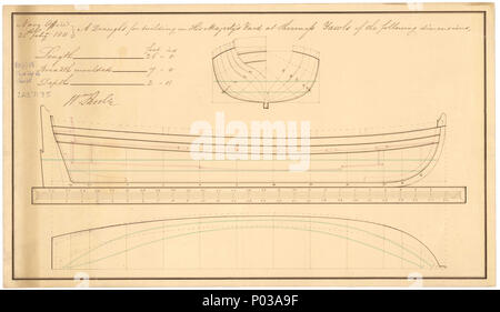 . Englisch: 26 ft Yawl Maßstab: 1:24. Die Körper planen, transparente Linien mit Innenbordmotoren detail, Längs- und halbe Breite für einen 10-Oared 26 ft Yawl an Sheerness Werft gebaut werden. Unterzeichnete William Regel [Gutachter der Navy, 1793-1813]. Linien & Profil 22 26 ft Yawl RMG-J0798 Stockfoto