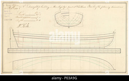 . Englisch: 26 ft Yawl Maßstab: 1:24. Die Körper planen, transparente Linien mit Innenbordmotoren detail, Längs- und halbe Breite für einen 10-Oared 26 ft Yawl im Chatham Werft gebaut werden. Unterzeichnete William Regel [Gutachter der Navy, 1793-1813]. Linien & Profil 22 26 ft Yawl RMG-J0799 Stockfoto