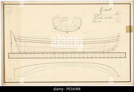 . Englisch: 26 ft Yawl Maßstab: 1:24. Die Körper planen, transparente Linien mit Innenbordmotoren detail, Längs- und halbe Breite für ein 6-Oared 26 ft Yawl. Linien & Profil 22 26 ft Yawl RMG-J0795 Stockfoto