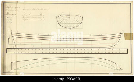 . Englisch: 32 ft Barge Maßstab: 1:24. Die Körper planen, transparente Linien mit Innenbordmotoren detail, Längs- und halbe Breite für ein 32 ft Lastkahn, wie in Portsmouth Dockyard gebaut. Unterzeichnet N. Diddams [Master Shipwright, Portsmouth Dockyard, 1802-1823]. Linien & Profil 22 32 ft Barge RMG-J0927 Stockfoto