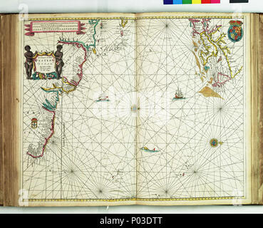 . Englisch: ein Diagramm, in dem die westlichen oceanBound Blatt. Hand col engr. Maßstab: [Ca. 1:14 500 000 (bar)]. Kartografische Hinweis: nördlich von 90 Grad. Grenzen graduierte für Latitude. Ebene Diagramm. Bar Skalen in Englisch und Französisch, Spanisch Ligen Ligen und Niederländischen Meilen. Weitere Orte: Nordatlantik. PBE 6862, Verkäufer Atlas Maritimus, Western Ocean. 1675. John Darby, der Verkäufer, John 35 ein Diagramm, in dem die westlichen Ozean RMG-F 8077 Stockfoto