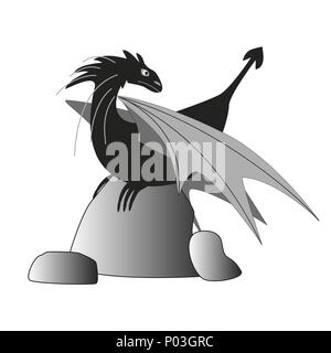 Die mythische und Märchen Drache Charakter sitzt auf einem Stein mit einem weißen Hintergrund. Stock Vektor
