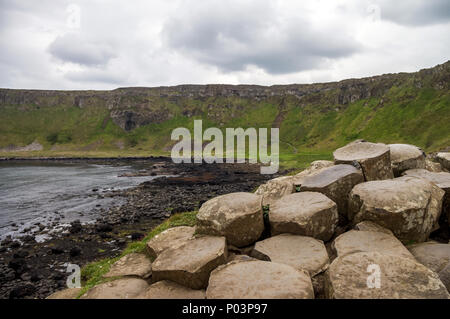 Ein Blick auf die Giants Causeway Steine in Richtung Causeway Head suchen. Stockfoto