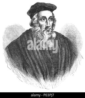 Ein Portrait von John Wycliffe (1320-1384), ein englischer gelehrter Philosoph, Theologe, Übersetzer der Bibel, Reformer, englischer Priester, und ein Seminar Professor an der Universität von Oxford. Er war ein einflussreicher Dissidenten in der Römisch-katholischen Priestertums während des 14. Jahrhunderts und gilt als wichtiger Vorläufer der Protestantismus. Er war auch ein Fürsprecher für die Übersetzung der Bibel in die Volkssprache. Er absolvierte eine Übersetzung direkt aus der Vulgata in Mitte Englisch im Jahr 1382, nun als Wycliffes Bibel bekannt. Stockfoto