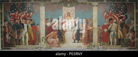 . Englisch: Wandmalerei der Rücktritt von General George Washington's als Oberbefehlshaber der Kontinentalarmee in Annapolis, Maryland, am 23. Dezember 1783. In der zentralen Bedienfeld, Washington dargestellt, seine Kommission zur Festsetzung an den Füßen von Kolumbien, die auf ihrem Thron mit Schwert, Cuirass sitzt und das Tragen eines Liberty cap. Gegenüber Washington ist eine weibliche Figur, Maryland. Hinter ihr die Göttin des Krieges gesehen wird Ummantelung ihr Schwert und Widerstand gegen die Unterdrückung, die ihr die Stange, während Wohlstand, trägt ein Füllhorn und Handel, hält den caduceus. In der Nähe von dem Thron sitzt, kann der Stockfoto
