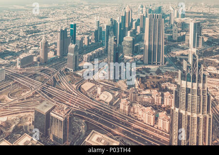 Dubai Downtown tag Szene. Draufsicht von oben. Stockfoto