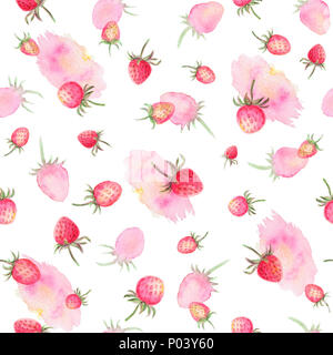 Aquarell Erdbeeren nahtlose Muster. Weiß Creme Hintergrund mit Erdbeere und bunte Flecken. Handgefertigte Abbildung. Stockfoto