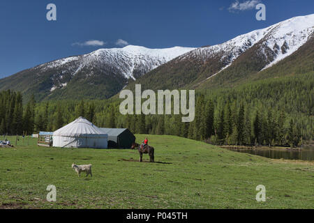 Haus auf der Strecke; Jurten in Kanas See National Park, Xinjiang, China Stockfoto